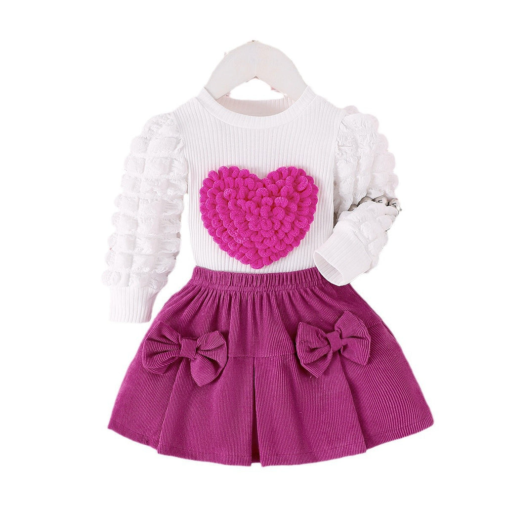 Bubble sleeve heart-shaped top bow short skirt two-piece set