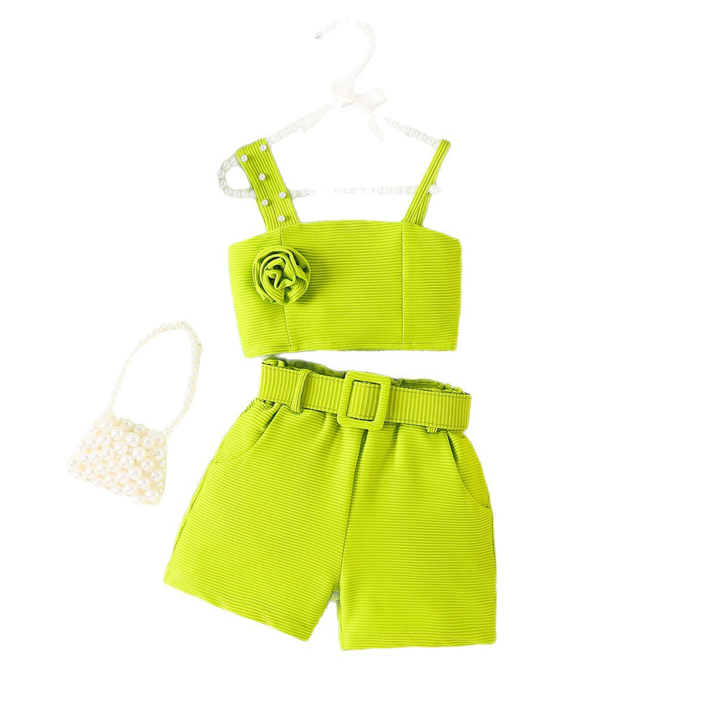 Strap top shorts waist belt hair accessory set
