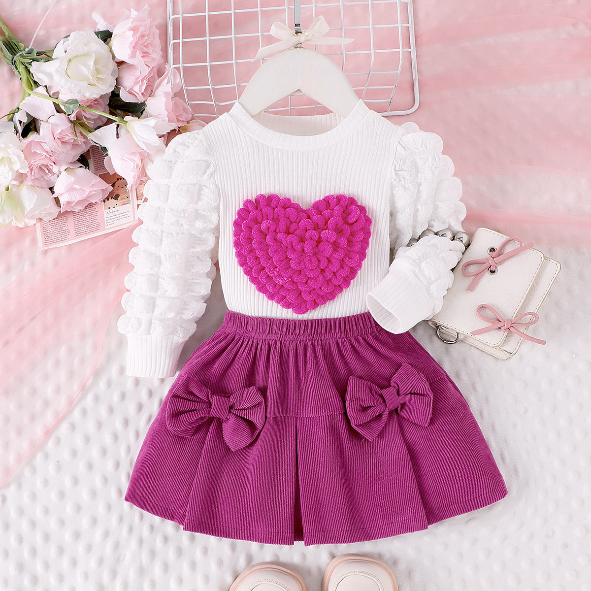 Bubble sleeve heart-shaped top bow short skirt two-piece set