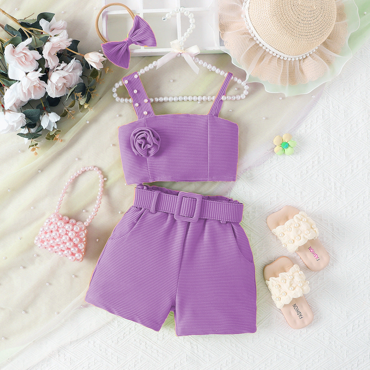 Strap top shorts waist belt hair accessory set