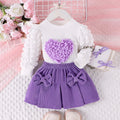 Bubble sleeve heart-shaped top bow short skirt two-piece set