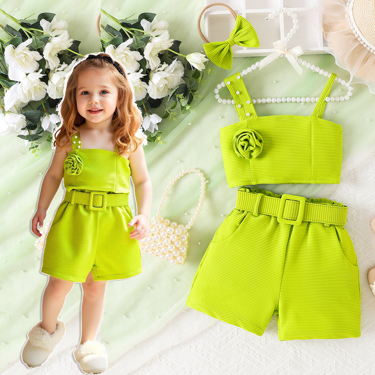 Strap top shorts waist belt hair accessory set